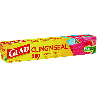 Glad Cling'N Seal Plastic Food Wrap, 200 Square Foot Roll, Clear, 12 Rolls/Carton (CLO00020CT)
