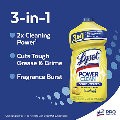 LYSOL Power Clean Concentrated Multi-Surface Cleaner, Lemon and Sunflower Essence, 28 oz Pour Bottle, 9/Carton (82513CT)