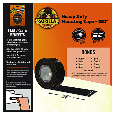 Gorilla Heavy Duty Mounting Tape, Permanent, Holds Up to 60 lb (1 lb per 2 in), 1 x 120, Black (GOR102441)