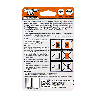 Gorilla Max Strength Mounting Tape, Permanent, Holds Up to 45 lb (3 lbs per 4 in), 1 x 60, Black (GOR112962)