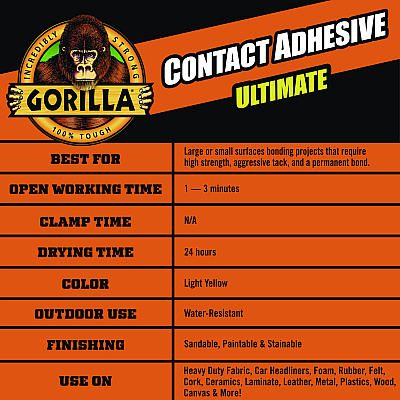 Gorilla Contact Adhesive Ultimate, 12.2 oz Aerosol Spray, Dries Light Yellow (GOR109852)