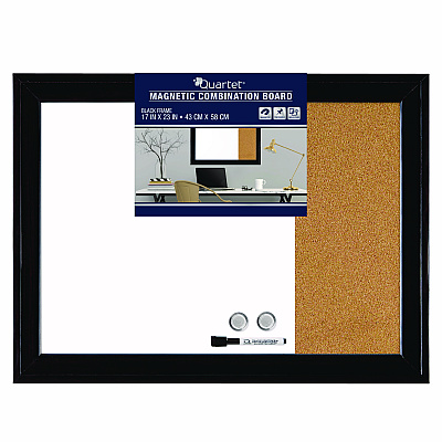 Quartet Home Decor Magnetic Combo Dry Erase Board with Cork Board on Side, 23 x 17, Tan/White Surface, Black Wood Frame (QRT79283)