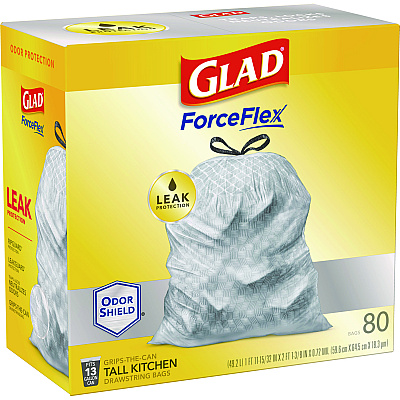 Glad ForceFlex Tall Kitchen Drawstring Trash Bags, 13 gal, 23.75" x 24.88", White, 240/Carton (CLO79009)