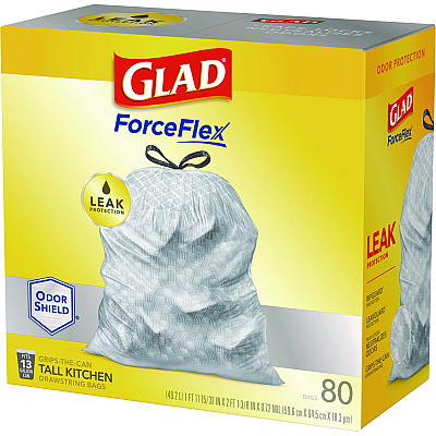 Glad ForceFlex Tall Kitchen Drawstring Trash Bags, 13 gal, 23.75" x 24.88", White, 240/Carton (CLO79009)