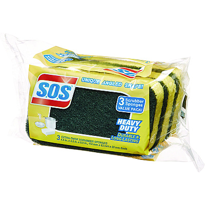 S.O.S. Heavy Duty Scrubber Sponge, 2.5 x 4.5, 0.9" Thick, Yellow/Green, 3/Pack, 8 Packs/Carton (CLO91029CT)