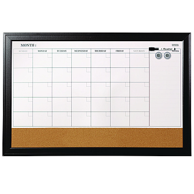Quartet Magnetic Combination Dry Erase Calendar/Cork Board, 35 x 23, Tan/White Surface, Black Wood Frame (QRT79284)