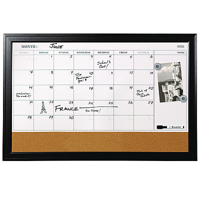Quartet Magnetic Combination Dry Erase Calendar/Cork Board, 35 x 23, Tan/White Surface, Black Wood Frame (QRT79284)