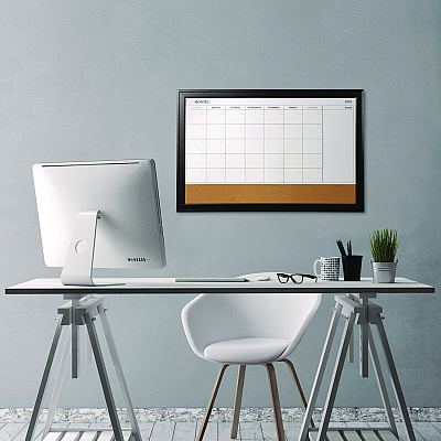 Quartet Magnetic Combination Dry Erase Calendar/Cork Board, 35 x 23, Tan/White Surface, Black Wood Frame (QRT79284)