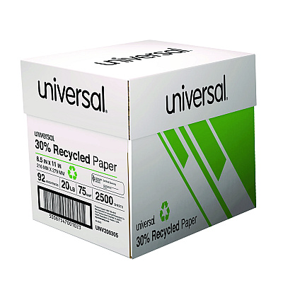 Universal 30% Recycled Copy Paper, 92 Bright, 20 lb Bond Weight, 8.5 x 11, White, 500 Sheets/Ream, 5 Reams/Carton (UNV200305)