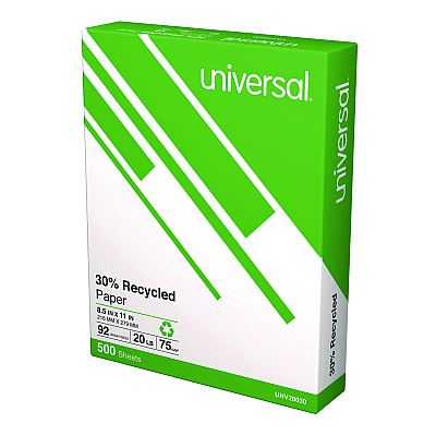 Universal 30% Recycled Copy Paper, 92 Bright, 20 lb Bond Weight, 8.5 x 11, White, 500 Sheets/Ream, 10 Reams/Carton, 40 Cartons/Pallet (UNV20030PLT)