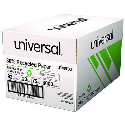 Universal 30% Recycled Copy Paper, 92 Bright, 20 lb Bond Weight, 8.5 x 11, White, 500 Sheets/Ream, 10 Reams/Carton, 40 Cartons/Pallet (UNV20030PLT)