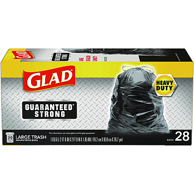 Glad Guaranteed Strong Large Drawstring Trash Bags, Three-Ply, 30 gal, 1.05 mil, 30" x 33", Black, 15 Bags/Box, 6 Boxes/Carton (CLO78966)