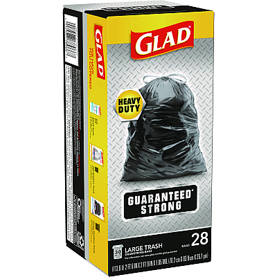 Glad Guaranteed Strong Large Drawstring Trash Bags, Three-Ply, 30 gal, 1.05 mil, 30" x 33", Black, 15 Bags/Box, 6 Boxes/Carton (CLO78966)