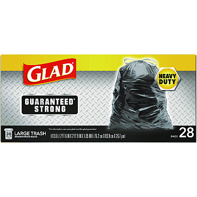 Glad Guaranteed Strong Large Drawstring Trash Bags, Three-Ply, 30 gal, 1.05 mil, 30" x 33", Black, 15 Bags/Box, 6 Boxes/Carton (CLO78966)