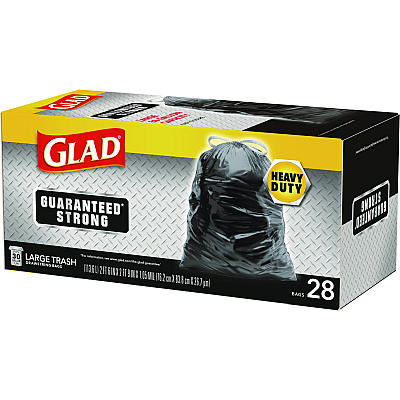 Glad Guaranteed Strong Large Drawstring Trash Bags, Three-Ply, 30 gal, 1.05 mil, 30" x 33", Black, 15/Box (CLO78966BX)