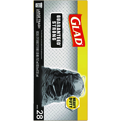 Glad Guaranteed Strong Large Drawstring Trash Bags, Three-Ply, 30 gal, 1.05 mil, 30" x 33", Black, 15/Box (CLO78966BX)