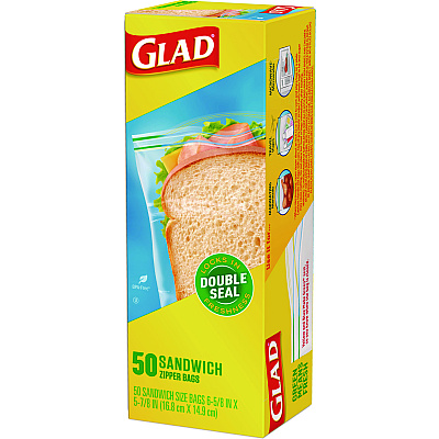 Glad Zipper Food Storage Sandwich Bags, 6.63" x 9.88" x 8", Clear, 600/Carton (CLO57263)