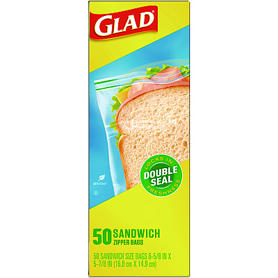 Glad Zipper Food Storage Sandwich Bags, 6.63" x 9.88" x 8", Clear, 600/Carton (CLO57263)