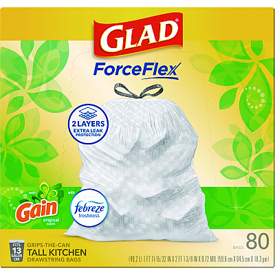 Glad ForceFlex Kitchen Drawstring Trash Bags, 13 gal, Gain Original Scent, 24" x 27.38", White, 80 Bags/Box, 3 Boxes/Carton (CLO78900)