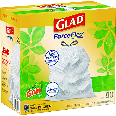 Glad ForceFlex Kitchen Drawstring Trash Bags, 13 gal, Gain Original Scent, 24" x 27.38", White, 80 Bags/Box, 3 Boxes/Carton (CLO78900)