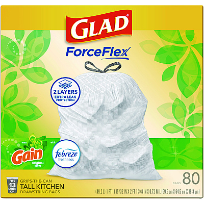 Glad ForceFlex Kitchen Drawstring Trash Bags, 13 gal, Gain Original Scent, 24" x 27.38", White, 80/Box (CLO78900BX)