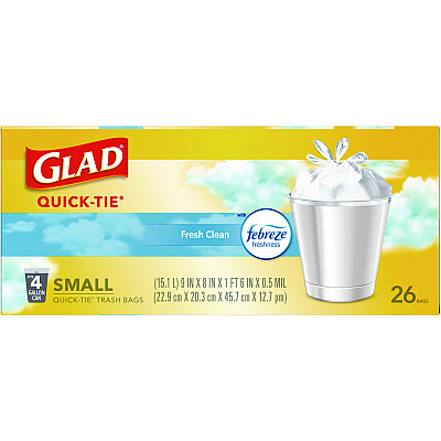 Glad OdorShield Quick-Tie Small Trash Bags, Tie-Flap, 4 gal, Fresh Clean Scent, 8" x 18", White, 26 Bags/Box, 6 Boxes/Carton (CLO78812)