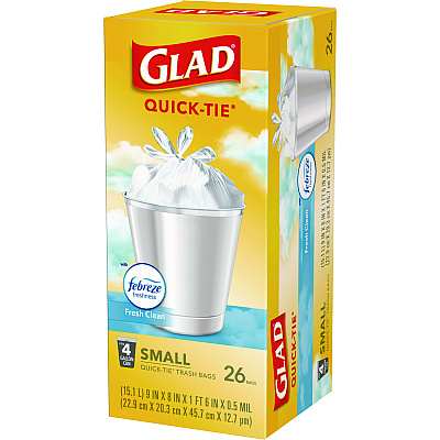 Glad OdorShield Quick-Tie Small Trash Bags, Tie-Flap, 4 gal, Fresh Clean Scent, 8" x 18", White, 26 Bags/Box, 6 Boxes/Carton (CLO78812)