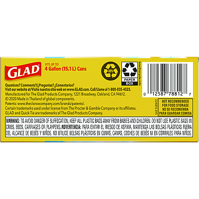 Glad OdorShield Quick-Tie Small Trash Bags, Tie-Flap, 4 gal, Fresh Clean Scent, 8" x 18", White, 26 Bags/Box, 6 Boxes/Carton (CLO78812)
