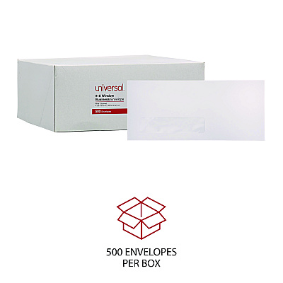Universal Open-Side Business Envelope, 1 Window, #10, Commercial Flap, Gummed Closure, 4.13 x 9.5, White, 500/Box (UNV35211)