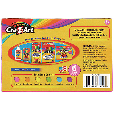 Cra-Z-Art Neon Washable Kids' Paint, 6 Assorted Neon Colors, 2 oz Bottle, 6/Pack (CZA106466)