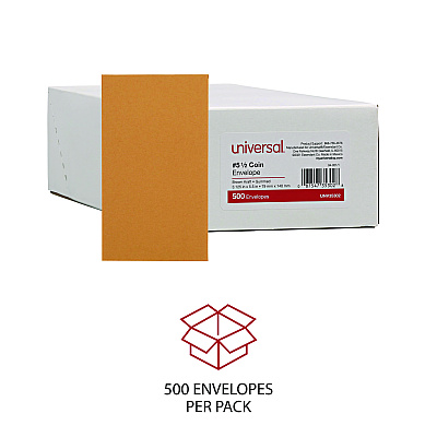 Universal Kraft Coin Envelope, #5 1/2, Round Flap, Gummed Closure, 3.13 x 5.5, Light Brown Kraft, 500/Box (UNV35302)