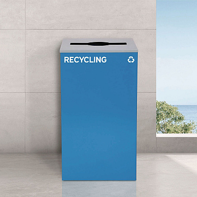 Alpine 29 Gallon Trash/Recycling Cans, Steel, Blue Recycling with Mixed Lid, Black Trash Can with Square Lid (ALH4450BLKKIT4)