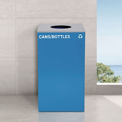 Alpine 29 Gallon Trash/Recycling Cans, Steel, Blue Cans/Bottles Recycling with Circle Lid, Black Trash Can with Square Lid (ALH4450BLKKIT7)