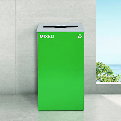 Alpine 29 Gallon Trash/Recycling Cans, Steel, Green Mixed Recycling Can with Mixed Lid, Black Trash Can with Square Lid (ALH4450BLKKIT11)