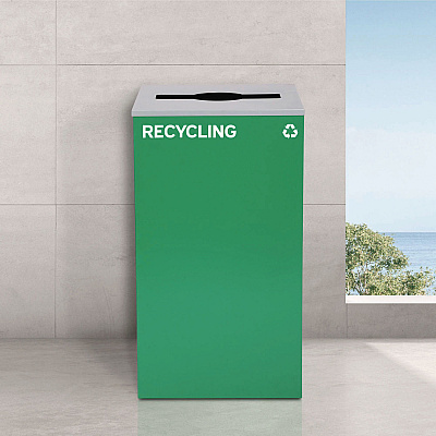 Alpine 29 Gallon Trash/Recycling Cans, Steel, Green Recycling Can with Mixed Lid, Black Trash Can with Square Lid (ALH4450BLKKIT12)