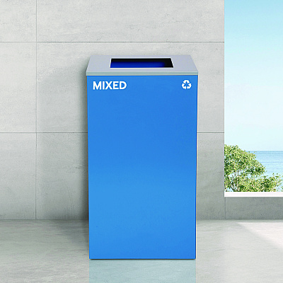 Alpine 29 Gallon Trash/Recycling Cans, Steel, Blue Mixed Recycling Can, Green Compost Can, Black Trash Can with Square Lids (ALH4450BLKKIT15)