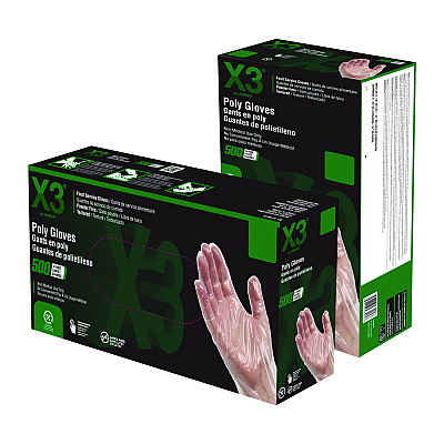 X3 by AMMEX Poly Food Safe Industrial Gloves, Large, Clear, 500/Box (AXCPGLOVEL500)