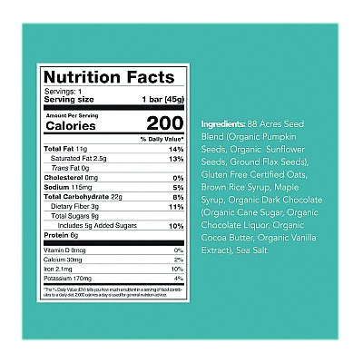 88 ACRES Sweet 'N Salty Gluten-Free Dark Chocolate Sea Salt Seed and Oat Bar, 1.6 oz Bar, 9/Box (AABACY00504)