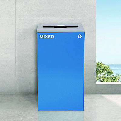 Alpine 29 Gallon Trash/Recycling Cans, Steel, Blue Mixed Recycling Can w/Mixed Lid, Green Compost and Black Trash Cans w/Square Lids (ALH4450BLKKIT19)