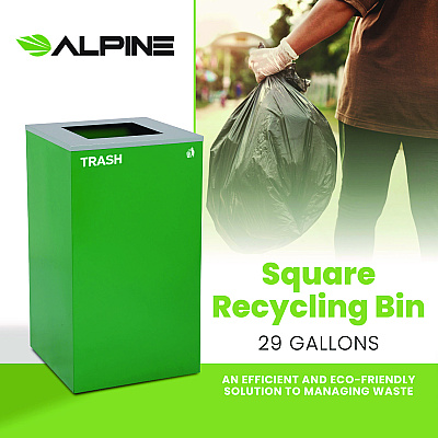 Alpine 29 Gallon Trash/Recycling Cans, Steel, Green Trash Can with Square Lid (ALH4450KITGRNST)
