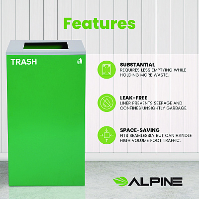 Alpine 29 Gallon Trash/Recycling Cans, Steel, Green Trash Can with Square Lid (ALH4450KITGRNST)