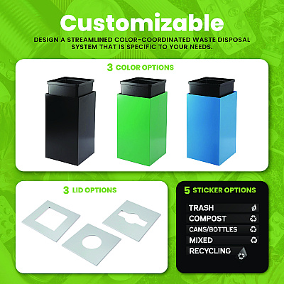 Alpine 29 Gallon Trash/Recycling Cans, Steel, Green Trash Can with Square Lid (ALH4450KITGRNST)