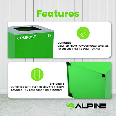 Alpine 29 Gallon Trash/Recycling Cans, Steel, Green Compost Can with Square Lid (ALH4450KITGRNSC)