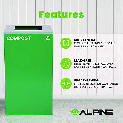 Alpine 29 Gallon Trash/Recycling Cans, Steel, Green Compost Can with Square Lid (ALH4450KITGRNSC)