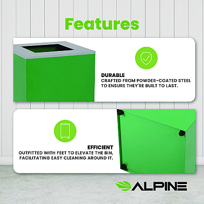Alpine 29 Gallon Trash/Recycling Cans, Steel, Green Can with Square Lid (ALH4450KITGRNS)