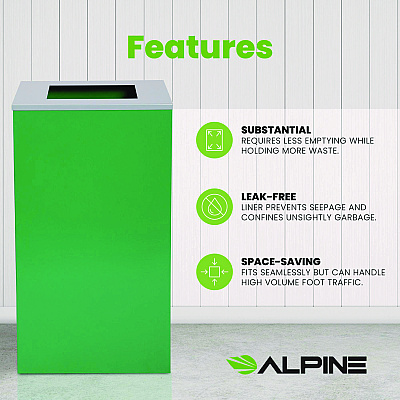 Alpine 29 Gallon Trash/Recycling Cans, Steel, Green Can with Square Lid (ALH4450KITGRNS)