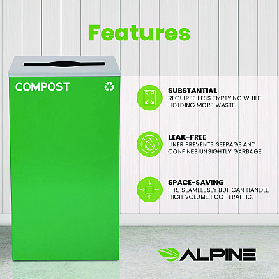 Alpine 29 Gallon Trash/Recycling Cans, Steel, Green Compost Can with Mixed Lid (ALH4450KITGRNMC)