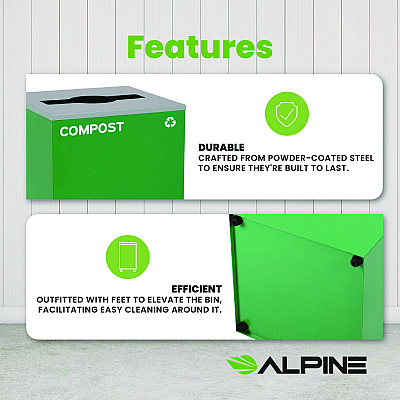 Alpine 29 Gallon Trash/Recycling Cans, Steel, Green Compost Can with Mixed Lid (ALH4450KITGRNMC)