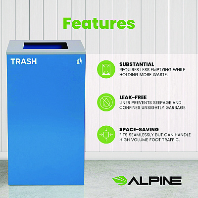 Alpine 29 Gallon Trash/Recycling Cans, Steel, Blue Trash Can with Square Lid (ALH4450KITBLUST)
