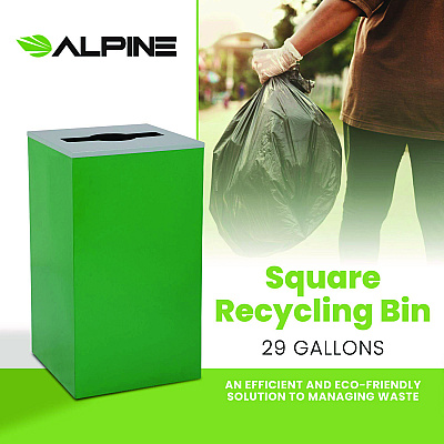 Alpine 29 Gallon Trash/Recycling Cans, Steel, Green Can with Mixed Lid (ALH4450KITGRNM)